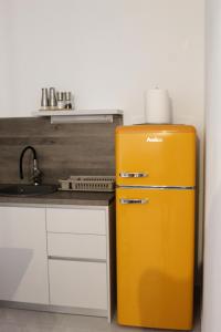 an old yellow refrigerator in a kitchen at Apartman Goga in Peroj +11 photos