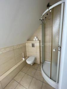 a bathroom with a toilet and a shower and a toilet at Dom Wrota Mazur in Pisz +19 photos