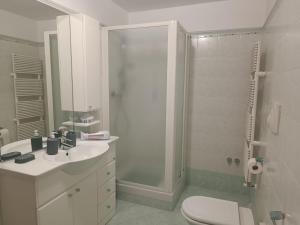 a bathroom with a sink and a shower and a toilet at La Sirenetta in Tortoreto Lido +8 photos