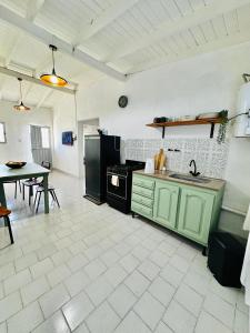 a kitchen with green cabinets and a table in it at Casita Larraun- tu espacio cálido en la tranquilidad de Navarro in Navarro