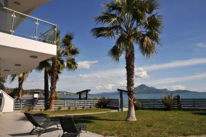 zwei Stühle und eine Palme neben dem Meer in der Unterkunft Cozy beach home in Faros, Raches in Rákhai