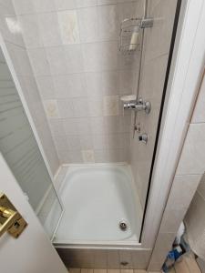 a shower with a glass door next to a tub at Belvárosi Classic Apartman 85 square meters in Szombathely +24 photos