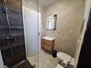 a bathroom with a toilet and a sink and a shower at Casa Mili - Ante & Marta in Jezera +16 photos