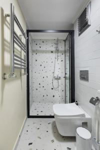 ein Bad mit einer Dusche und einem weißen WC in der Unterkunft Allegro Apartments Kadıköy in Istanbul + 16 Fotos