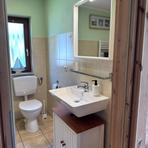 Un baño con lavabo, inodoro y espejo. en Landhäuschen Danneborth, en Danneborth 9 fotos más