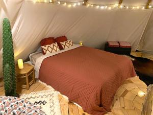 Évasion Nature: Tipi sur Pilotis avec Étang, Barque et Pétanque à Maulde, Frontière Belge - FR-1-510-148 في Maulde: غرفة نوم بسرير في خيمة