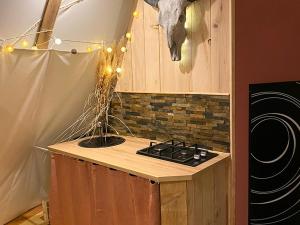 Évasion Nature: Tipi sur Pilotis avec Étang, Barque et Pétanque à Maulde, Frontière Belge - FR-1-510-148 في Maulde: مطبخ مع موقد و رأس بقرة على الحائط