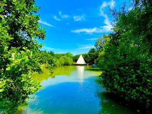 Évasion Nature: Tipi sur Pilotis avec Étang, Barque et Pétanque à Maulde, Frontière Belge - FR-1-510-148 في Maulde: اطلاله على نهر مع عماره بعيده +13 صورة