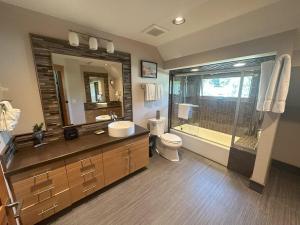 a bathroom with a sink and a toilet and a mirror at Creekside Setting Right Near Downtown And Bogert Park in Bozeman +18 photos