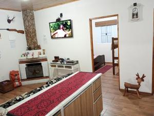 a kitchen with a stove and a tv on the wall at Casa de Campo Refúgio Jaguary in Monte Verde +35 photos