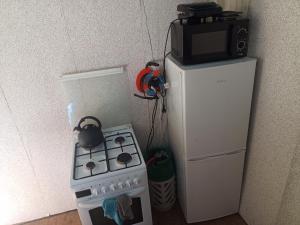 a kitchen with a stove and a microwave on top of a refrigerator at Zielony Port numer 3 in Władysławowo +18 photos