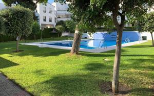 dwa drzewa w parku z basenem w obiekcie Apartamento Galeón - Ole Solutions w mieście El Puerto de Santa María
