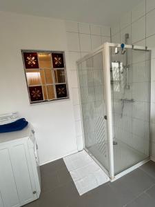a shower with a glass door in a bathroom at Fewo Nähe Vareler Hafen auch mit Hund in Varel +16 photos