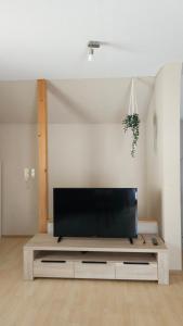 a living room with a flat screen tv on a table at Haus Ela in Sächsenheim