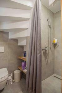 a bathroom with a shower curtain and a toilet at Chalet avec vue in Nendaz