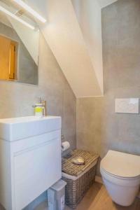 a bathroom with a white toilet and a sink at Chalet avec vue in Nendaz