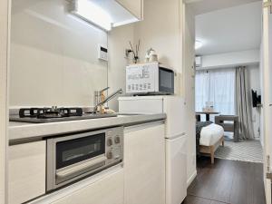 a kitchen with a stove and a microwave at LANG Hotel GINZA 1K in Tokyo