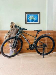 un vélo garé dans une pièce avec une statue dans l'établissement Teachers House Hanoi Homestay, à Hanoï