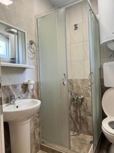 a bathroom with a shower and a sink and a toilet at Apartments Slavica in Ohrid +51 photos