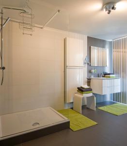 ein Bad mit einer Dusche, einem Waschbecken und einem Kühlschrank in der Unterkunft Aan Den Oever Logies in Korbeek-Dijle