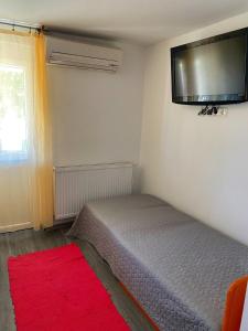 sypialnia z łóżkiem i telewizorem z płaskim ekranem na ścianie w obiekcie Jázmin Apartmanok w mieście Mórahalom