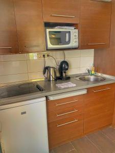 małą kuchnię ze zlewem i kuchenką mikrofalową w obiekcie Jázmin Apartmanok w mieście Mórahalom