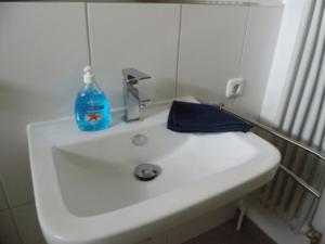 a white sink with a bottle of soap on it at Gästezimmer Haus Tulpenstraße in Elsfleth