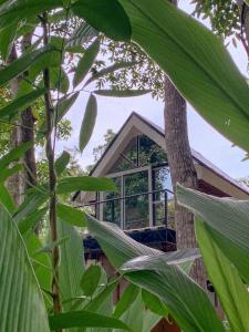 una casa dietro alcuni alberi con un edificio di Balay Hilway - Cozy Rustic Cabin a Sara