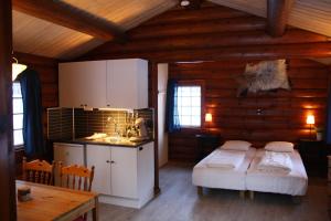 a room with a bed and a kitchen in a cabin at Buøy Camping in Dalen