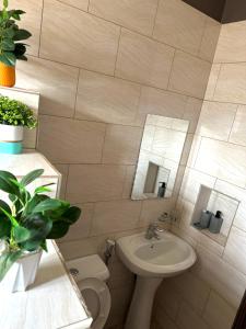 y baño con lavabo, aseo y espejo. en Nkuyu estates, en Kampala