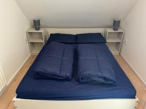 a bed with blue pillows in a small room at Huisje voor Rust, Ruimte en Natuur in Neede