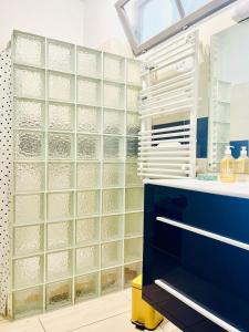 a bathroom with glass block walls at Front de mer Beau T3 climatisé Balcon Parking Ajaccio in Ajaccio