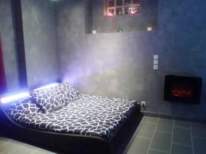 - une chambre avec un lit et une cheminée dans l'établissement Charmant studio à Baixas de 30 m² avec Jacuzzi, à Baixas 11 autres photos