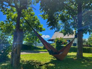 a hammock hanging from two trees in a yard at Apartman Cherry Plitvice Lakes in Irinovac