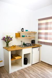 a small kitchen with a sink and a counter at Skalopati Studios & Villa in Panormos Skopelos