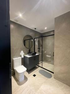 a bathroom with a toilet and a shower with a mirror at Elia Luxury Apartments in Elaiokhórion +8 photos