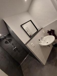 a bathroom with a sink and a mirror at Waldhaus Sophienhöhe in Mechernich
