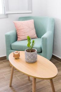 a coffee table with a potted plant on a blue couch at Skalopati Studios & Villa in Panormos Skopelos