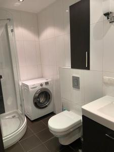 een badkamer met een wasmachine en een wasmachine bij Apartamentai prie Kalnų parko in Vilnius