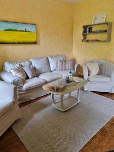 a living room with a couch and a table at Ferienhof Bisdorf "Windmühle" in Bisdorf