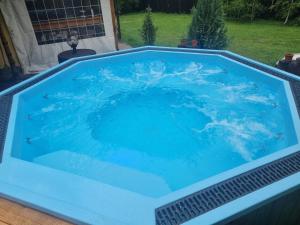 a hot tub with blue water in a yard at Cabana Barbu in Făgăraş