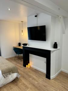 a bedroom with a fireplace with a tv on a wall at Le Cheval Gris - Cathédrale - Hyper Centre in Chartres