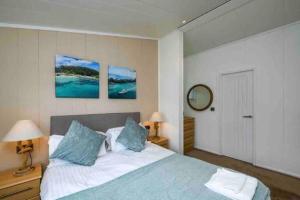 a bedroom with a large bed with blue pillows at Driftwood Lodge - South Lakeland Leisure Village in Carnforth +11 photos