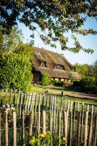 an old house with a thatched roof behind a fence at Superior Doppelzimmer 1-2 Personen in Bastorf