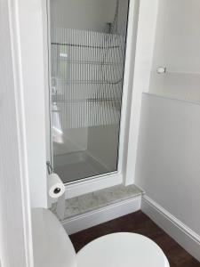a bathroom with a toilet and a glass shower at Serenity House Wales in Llangammarch Wells