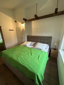 a bedroom with a green bed in a room at Apartment Letica 2 in Malinska