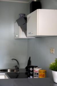 a kitchen with white cabinets and a sink at Apartament Londyn in Łagów +30 photos
