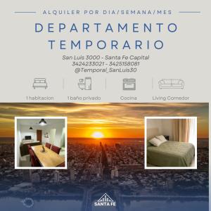 ein Flyer für ein Hotel mit einem Bild einer Stadt in der Unterkunft Hermoso Departamento Familiar y Tranquilo in Santa Fe