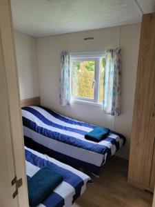 due letti in una stanza con finestra di Chalet bij Lente van Drenthe nabij meer a Gasselte Altre 10 foto