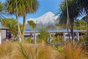 una montagna in lontananza con palme e un edificio di Platinum Lodge a Stratford